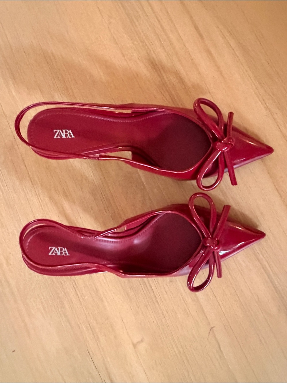 Zara Patent Red Pointed Slingback Pumps with Bow Accent